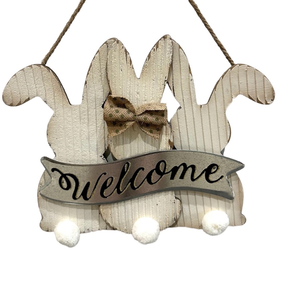 Hanging Rabbit Welcome Sign, Bunny Easter Decor, Spring - Picture 1 of 5